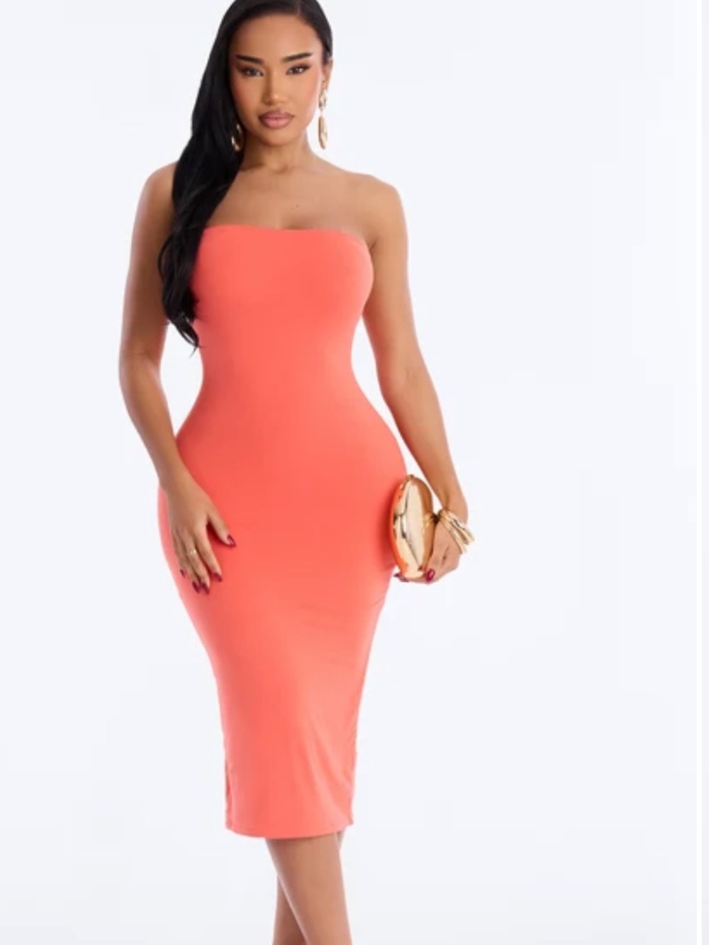 Strapless Coral Bodycon Midi Dress